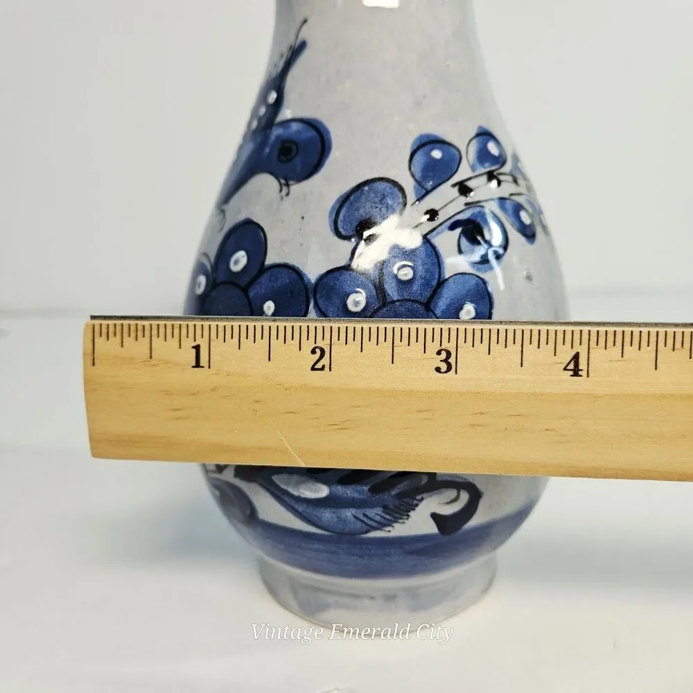 Vtg Tonalá Mexico Pottery Vase Signed AJM Hand-Painted Blue Bird Folk Art